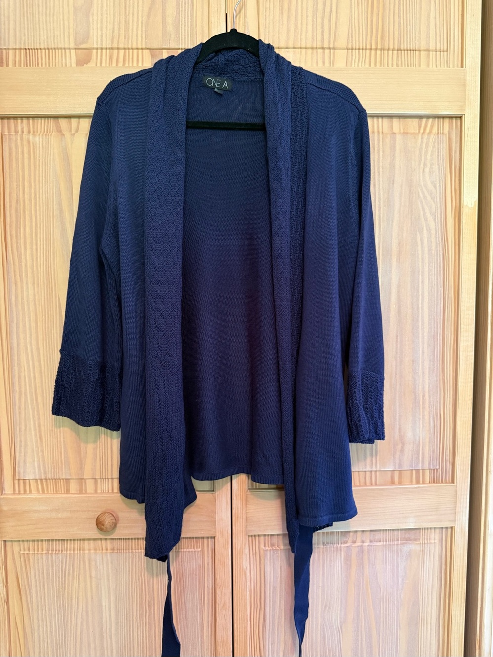 One A Navy Open-Front Knit Cardigan with Textured Trim